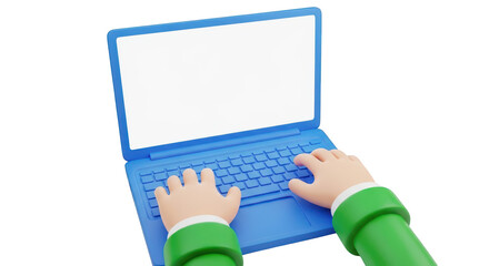 Cartoon hands typing on a blue laptop computer isolated on a transparent background image