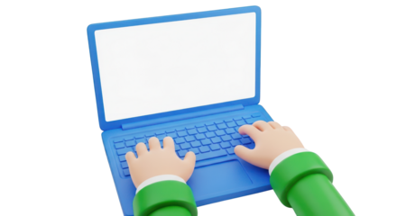 Cartoon hands typing on a blue laptop computer isolated on a transparent background image