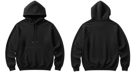 Two views of a black hooded sweatshirt isolated on transparent background