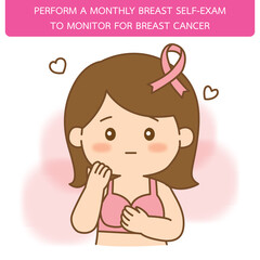 Woman was breast self exam to monitor for breast cancer, illustration cartoon white background
