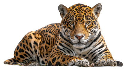 Majestic jaguar with striking spotted coat rests calmly against a deep black background in a studio portrait