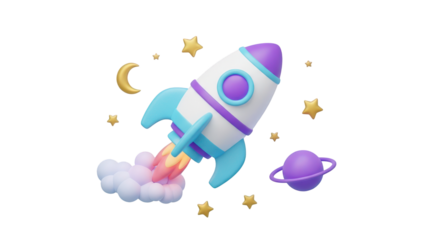 Cartoon rocket ship blasting off with stars and planets isolated on a transparent background