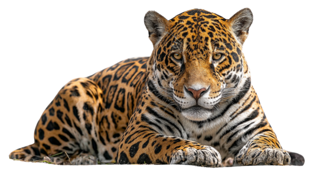 Majestic jaguar with striking spotted coat rests calmly against a deep black background in a studio portrait