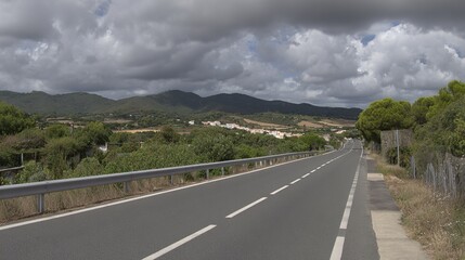 Fototapeta premium asphalt. Panoramic view of an empty road under cloudy skies, capturing a serene and open landscape. travel magazines, destination branding, designed for outdoor magazines and nature guides.
