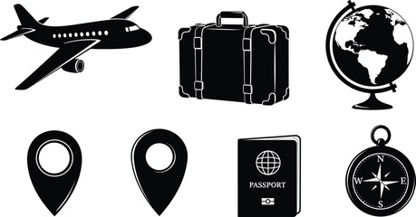 Black and white travel icons, airplane, suitcase, globe, location pin, passport, compass, tourism, navigation, vacation, international journey, adventure © Akash's World