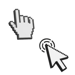 Computer mouse click cursor isolated on transparent background. Cursor icon click set. Pixelated 3d hand mouse, hand pointer 