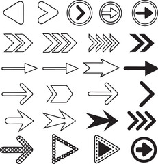 Modern collection of navigation arrow icons designed for digital interfaces, signage, infographics, and direction guide projects