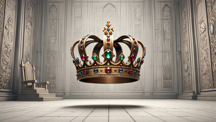 Ornate royal crown levitating above wooden stage symbolizing power royalty leadership authority