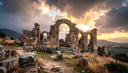 Ancient Stone Ruins Under Dramatic Cloudy Sunset Sky Landscape with Arches and Distant Hills at Sunset Panorama