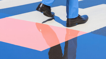 Light and Shadow, Shadows of pedestrians on wet pavement after rain, capturing a serene urban moment in a vibrant setting.