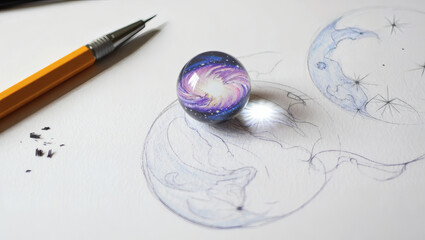 Artist's sketchbook marble galaxy design creative process paper drawing tools
