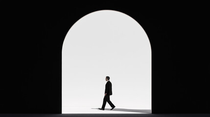 Light and Shadow, A silhouette of a person walking through an arched structure, ideal for storytelling and mood evocation in visuals.