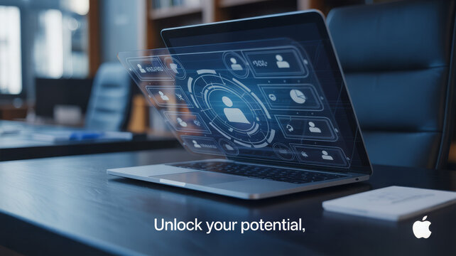 A laptop on a desk with a digital interface showing social media icons to unlock your potential