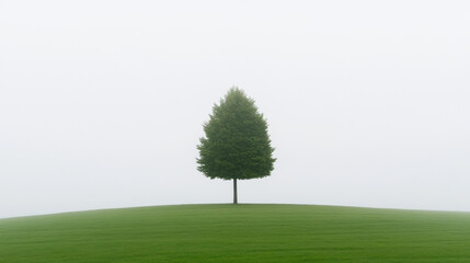 Light and Shadow, Silhouette of a tree against foggy morning backdrop, evoking tranquility and natural beauty in a serene landscape.