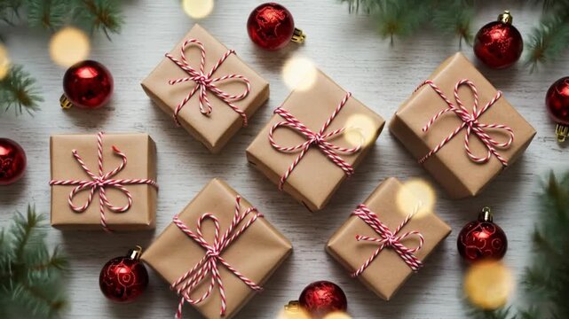 Christmas gifts scattered on wooden table