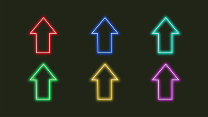 A set of six colorful neon arrow icons pointing upwards on a dark background representing growth direction progress movement and success in a modern design style  © Moynul Haque