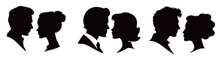 Two couples stand close, their profiles touching as if in a tender embrace. The background suggests a sunny day, enhancing the romantic atmosphere.