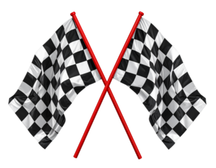 Two crossed checkered racing flags with red poles isolated on transparent background PNG