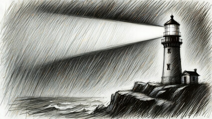 Sketch of a lighthouse guiding ships through stormy seas with bright light beams