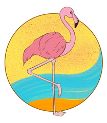 Summer elegant flamingo on a color circle background in yellow and blue colors