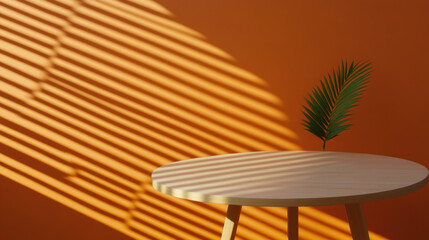 Light and Shadow, Sunlight streams through blinds, casting striped shadows on a table, creating a serene indoor atmosphere.