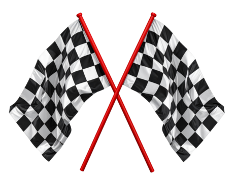 Two crossed checkered racing flags with red poles isolated on transparent background PNG