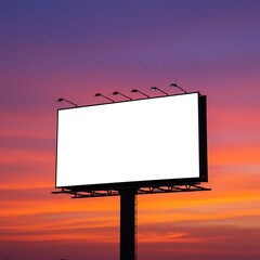 Blank Billboard Against Vibrant Sunset Sky with Lights