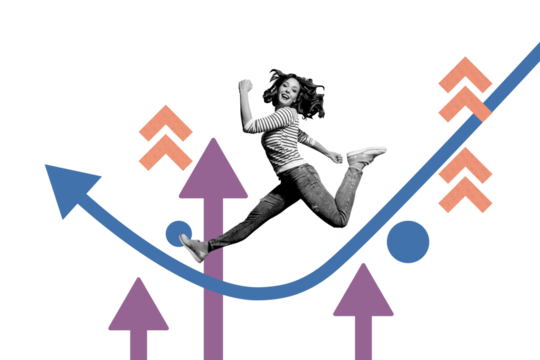 Composite trend artwork sketch image photo collage of huge arrow direction up trader business small young lady success run jump smile