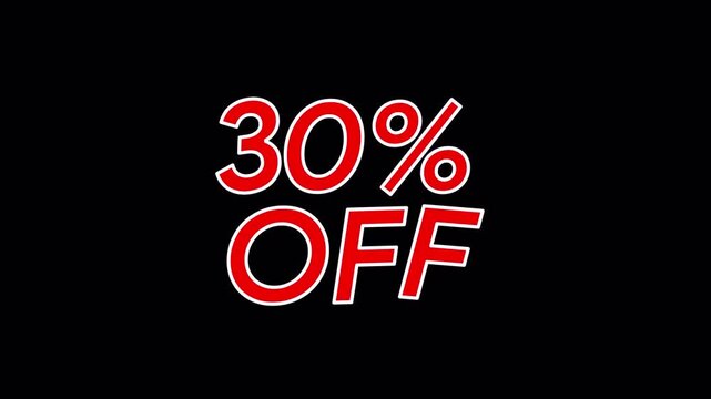 30% Off animated sale text with bold typography on a transparent background. Perfect for discount promotions, Black Friday, Cyber Monday, seasonal offers, online shops and marketing videos.	