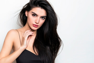Naklejka premium Beautiful young woman with long black hair posing in black dress 