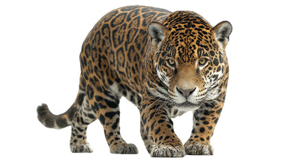 Obraz premium Majestic jaguar with striking spotted coat stands powerfully against a stark black background