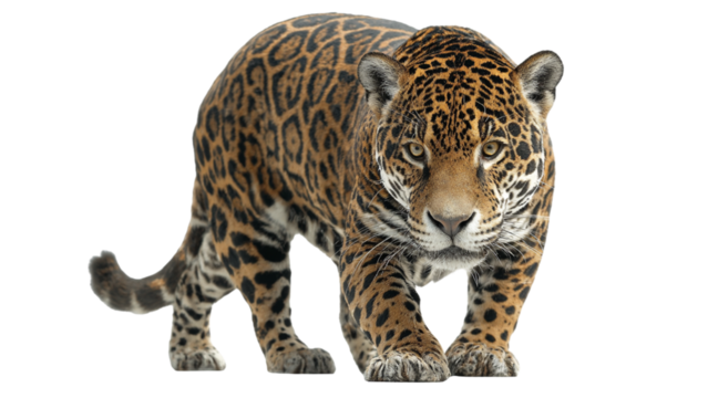 Majestic jaguar with striking spotted coat stands powerfully against a stark black background