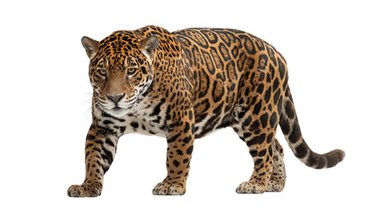 Majestic jaguar with striking blue eyes walks forward against a stark black background in a studio setting