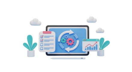Digital workflow with gears checklist and analytics chart isolated on a transparent background