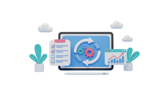 Digital workflow with gears checklist and analytics chart isolated on a transparent background - Powered by Adobe