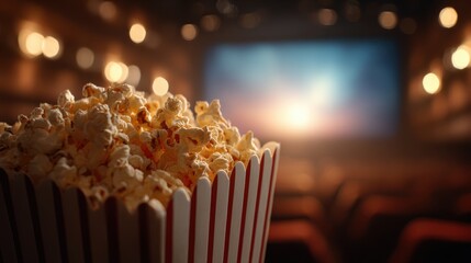 Movies and popcorn. Man holding pop corn box at cinema. Action, thriller or scifi entertainment on screen. Red seats in dark theater. Salty snack in bucket. Spectator pov. Film premiere.