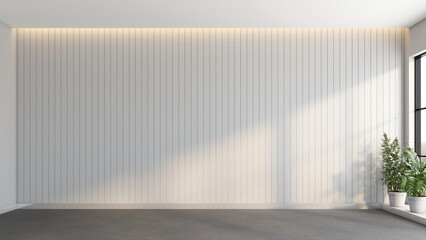 Modern minimalist empty room with white slat wall and hanging lamp, The floor is covered with black carpet. 3d rendering