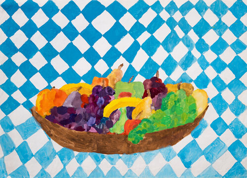 Children's drawing using watercolors. fruit basket on bavaian table cloth - Powered by Adobe