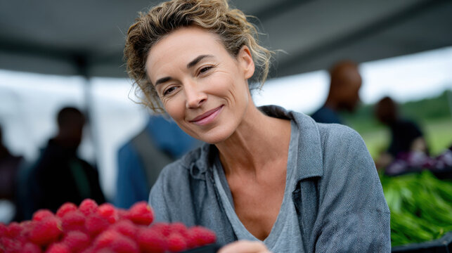 A woman at a farmer's market beams with pride while holding a basket of fresh raspberries, highlighting the joy of local produce and fresh food experiences.