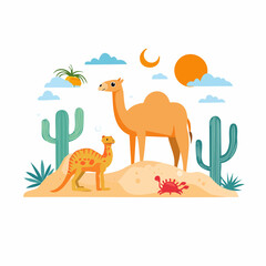 Charming flat design desert scene with a camel, a unique smaller desert animal, and a crab exploring sandy dunes with cacti under a sunny sky