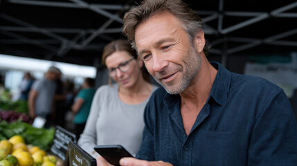 A man examines his smartphone while discussing fresh ingredients with a companion at a market, showcasing the blend of technology and culinary exploration in modern shopping.