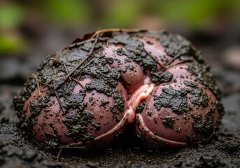 Close-up shot of a pink truffle-like fungus covered in dark soil and debris.