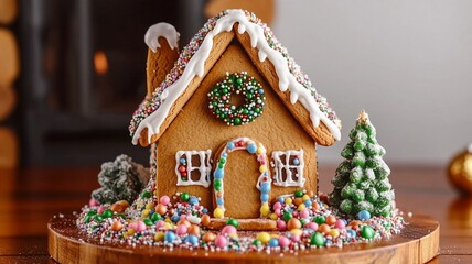 Christmas Gingerbread House with Candy Decorations and Sprinkles, Holiday Dessert for Winter Food, Festive Decoration, Baking Promotion