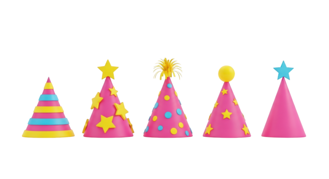 Five colorful party hats with festive decorations isolated on a transparent background birthday