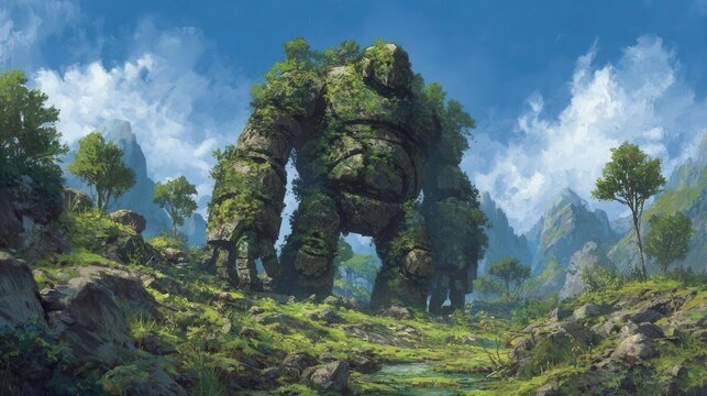 A colossal ancient golem made of stone and earth slumb