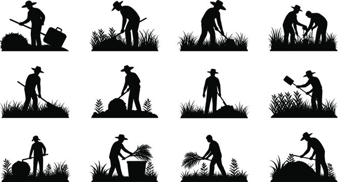 Farmer silhouette, agriculture activity, farming tools, crop harvesting, rural life, traditional farming, soil cultivation, planting crops, agricultural labor, village farming