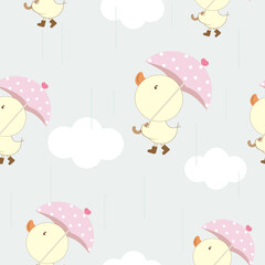 little duck holding umbrella  with cloud and rain  seamless pattern , vector , illustration