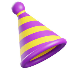 Purple and Yellow Striped Cone Hat Floating on Transparent Background in 3D Rendering