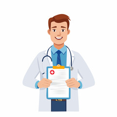 Fototapeta premium Smiling male doctor in white coat holding a medical document with red cross symbol, representing healthcare and professionalism