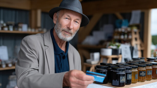 A senior man at an artisan market, presenting a credit card while standing near jars of preserves and honey, creating a warm and inviting atmosphere for potential customers.